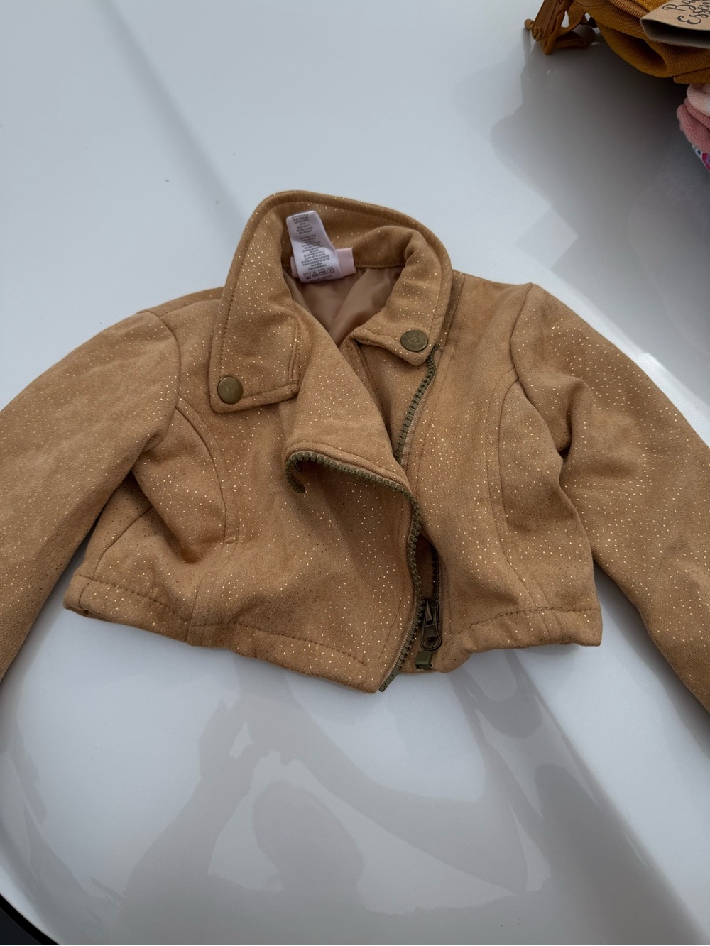 Little Lass Tan Faux-Suede Girls' Moto Jacket with Sparkle